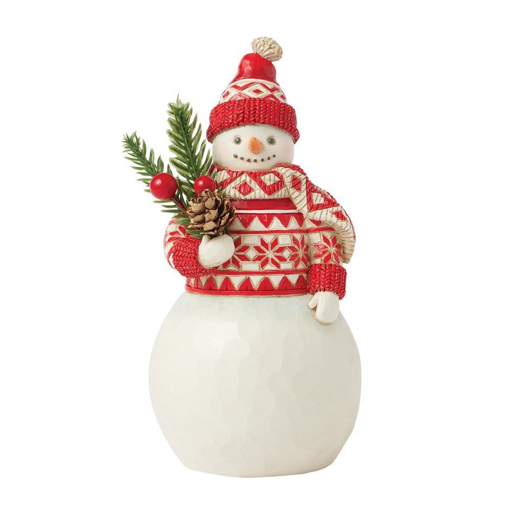 Een sneeuwpopfiguurtje met een rode muts en trui met patroon, die een dennentakje vasthoudt.