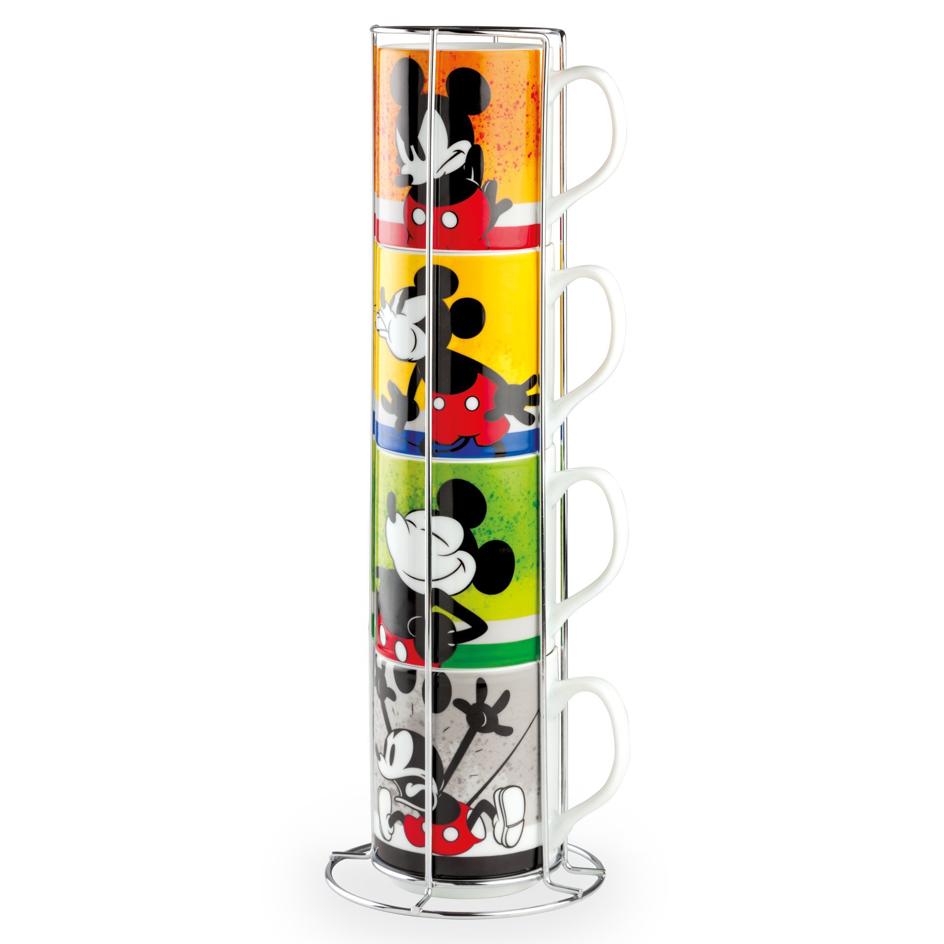 Vier op elkaar gestapelde Mickey Mouse-mokken op een witte metalen standaard, elk met een andere achtergrondkleur en een Mickey-ontwerp.