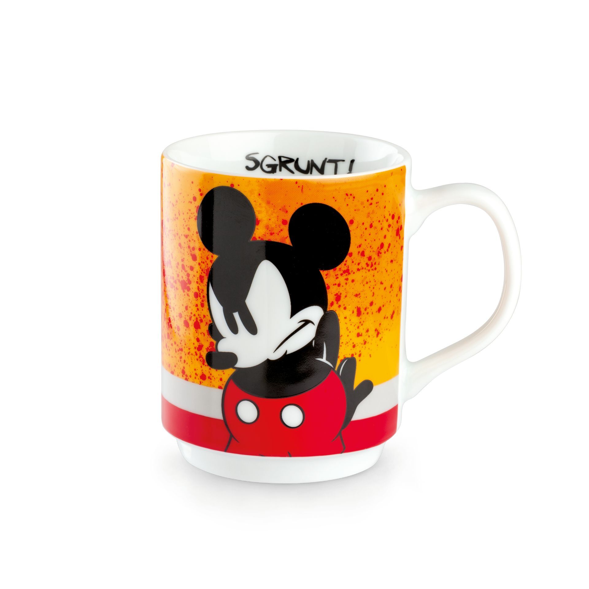 Mickey Mouse-mok met een rode, witte, gele en oranje achtergrond; 