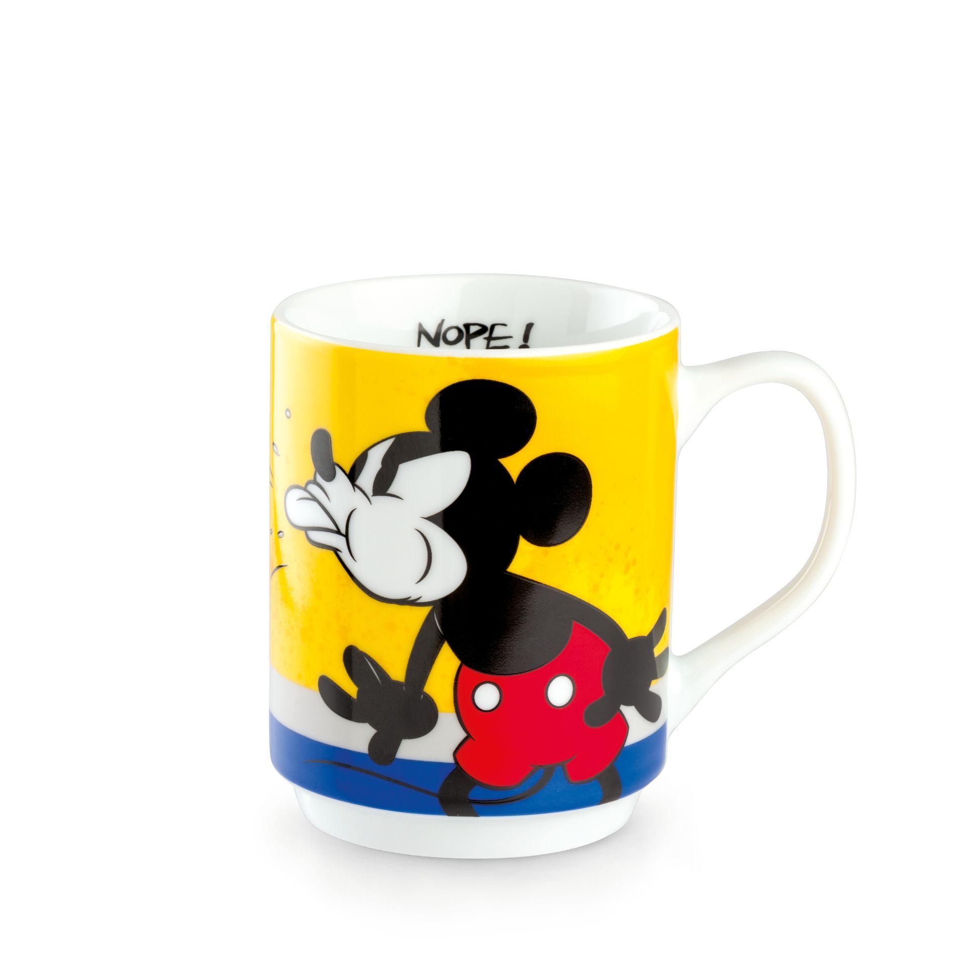 Mok met Mickey Mouse-cartoonfiguur, gele achtergrond, met de tekst 