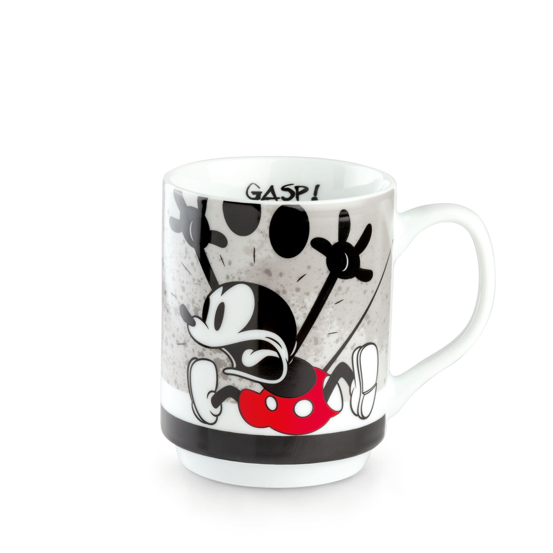 Mok met Mickey Mouse-figuur, die een verbaasde uitdrukking heeft en zijn armen omhoog houdt. Ontwerp in zwart, wit en rood.