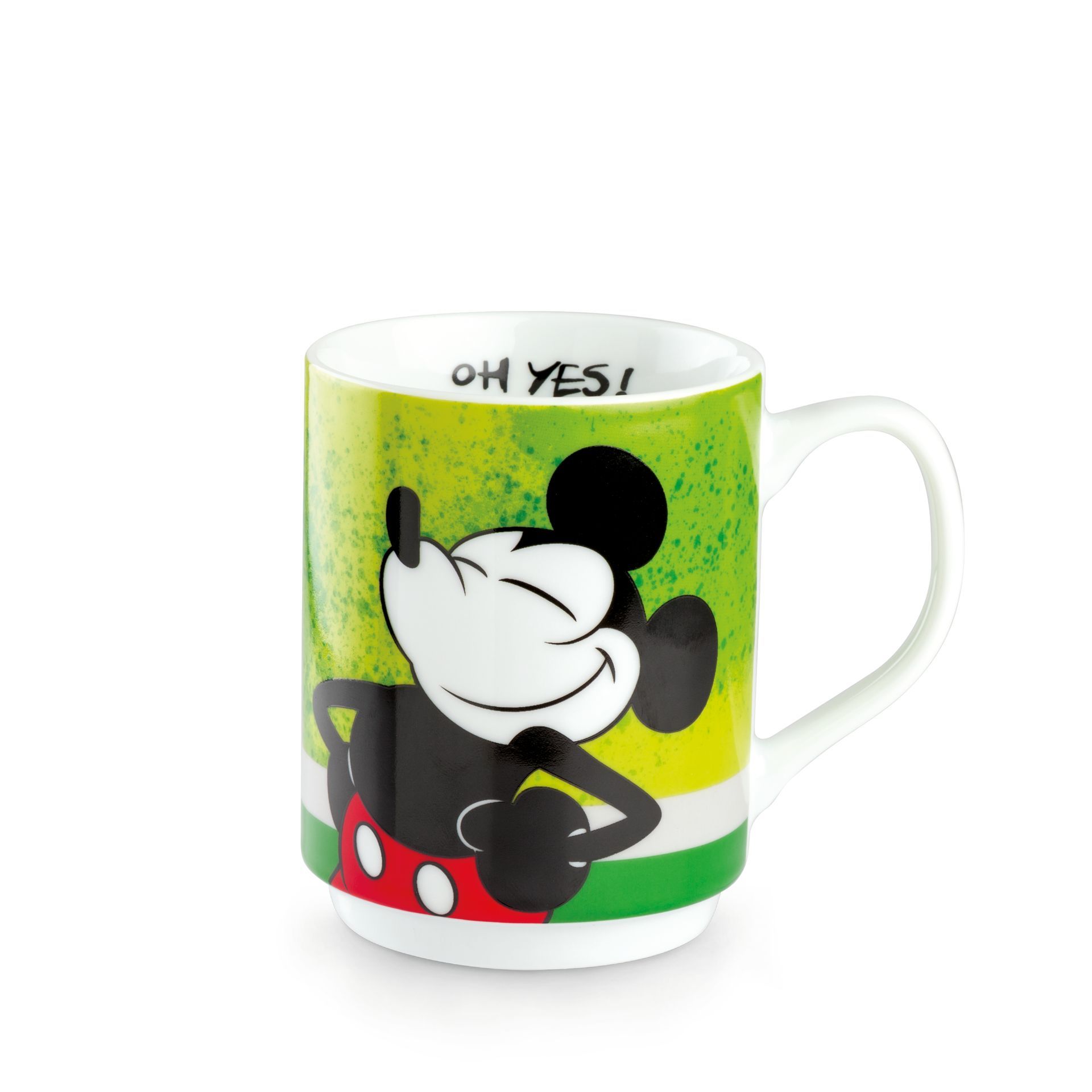 Een Mickey Mouse-mok met een groene achtergrond. Mickey lacht en zegt in witte letters
