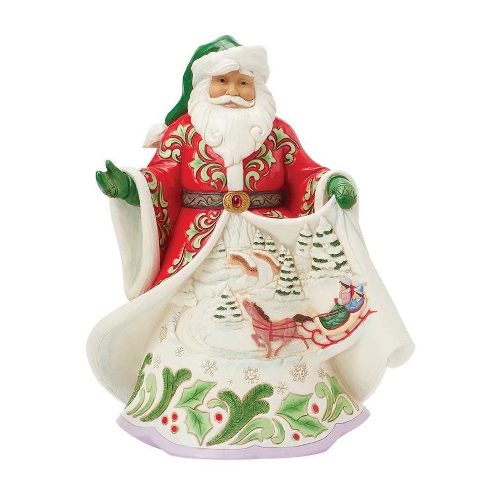 Een kerstmanfiguur, rood en wit met groene accenten, die een zak met een slee erop vasthoudt.