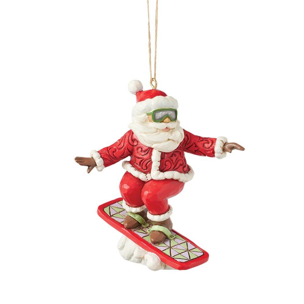 Ornament van de kerstman op een snowboard, rood pak, groene skibril, witte baard, op een witte achtergrond.