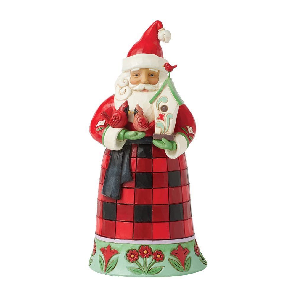 Figuur van de kerstman met een vogel en een vogelhuisje; rood-zwart geruite jas, witte baard, groene voet.