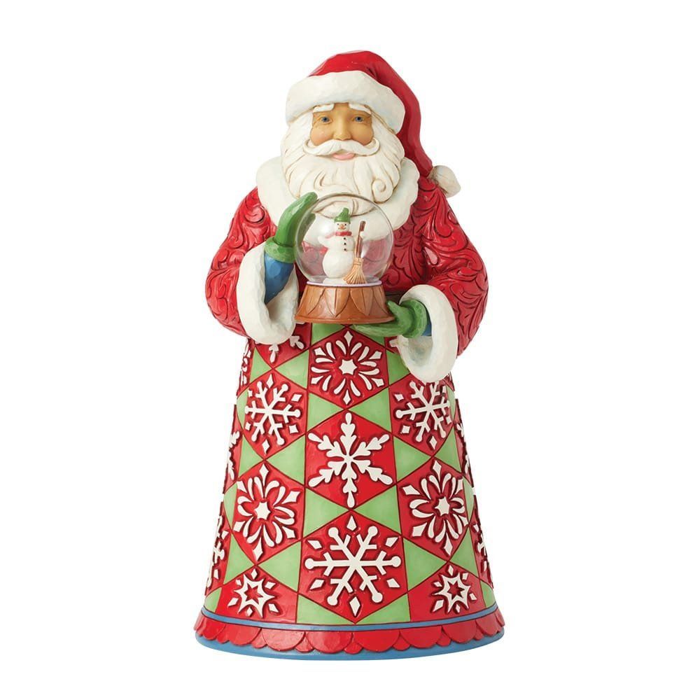 Een kerstmanfiguurtje met een sneeuwbol waarin een sneeuwpop zit. Rood-groen gestreepte jas en muts.