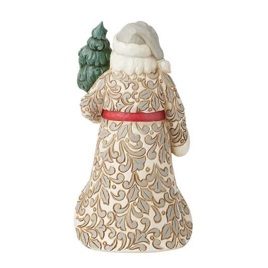 Een kerstmanfiguur met een grijs-crème gestreepte jas, een rode riem en een groene kerstboom.