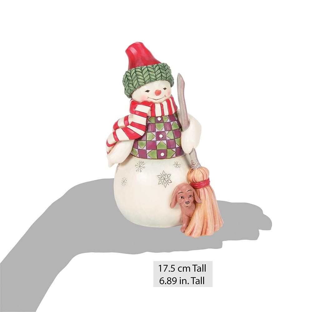 Een sneeuwpopfiguurtje met een rode muts, een sjaal en een hond ernaast.