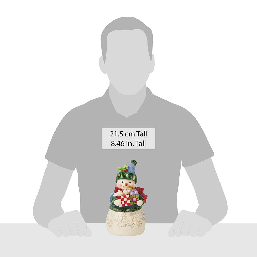 Een sneeuwpopfiguur met cadeautjes, groene en rode accenten, zittend op een sokkel met tekst, tegen een grijze menselijke silhouet.