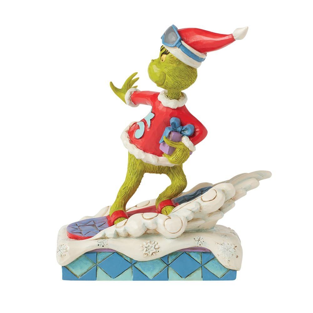 De Grinch in rode outfit en hoed, op een met sneeuw bedekt blok, met een geschenk in zijn hand.