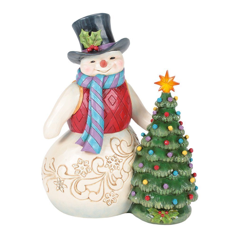 Een sneeuwpopfiguurtje met een hoge hoed, die een kerstboom vasthoudt.