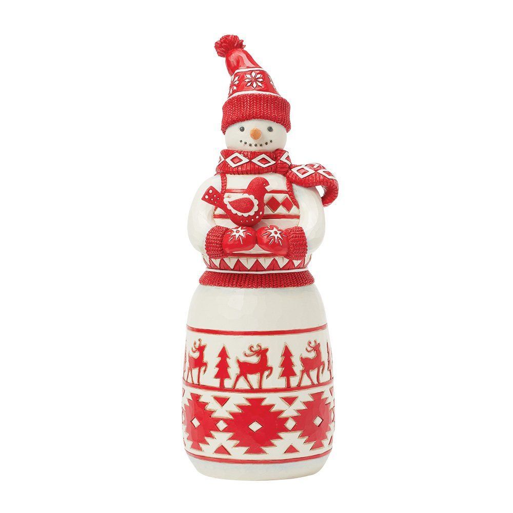 Sneeuwpopfiguurtje met rode muts, sjaal en een lijfje met patroon.