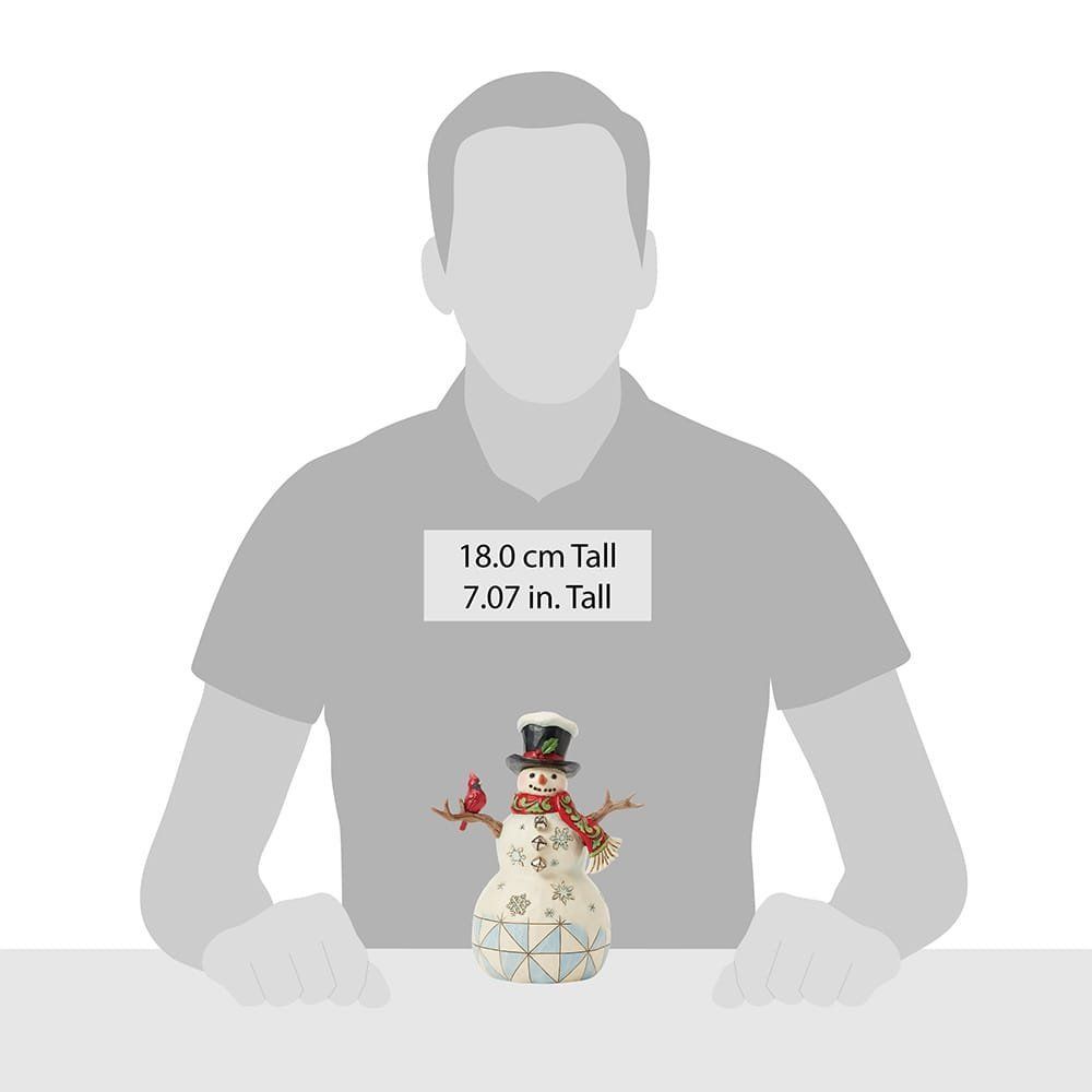 Sneeuwpopfiguur met kardinaal, die een hoge hoed en sjaal draagt.