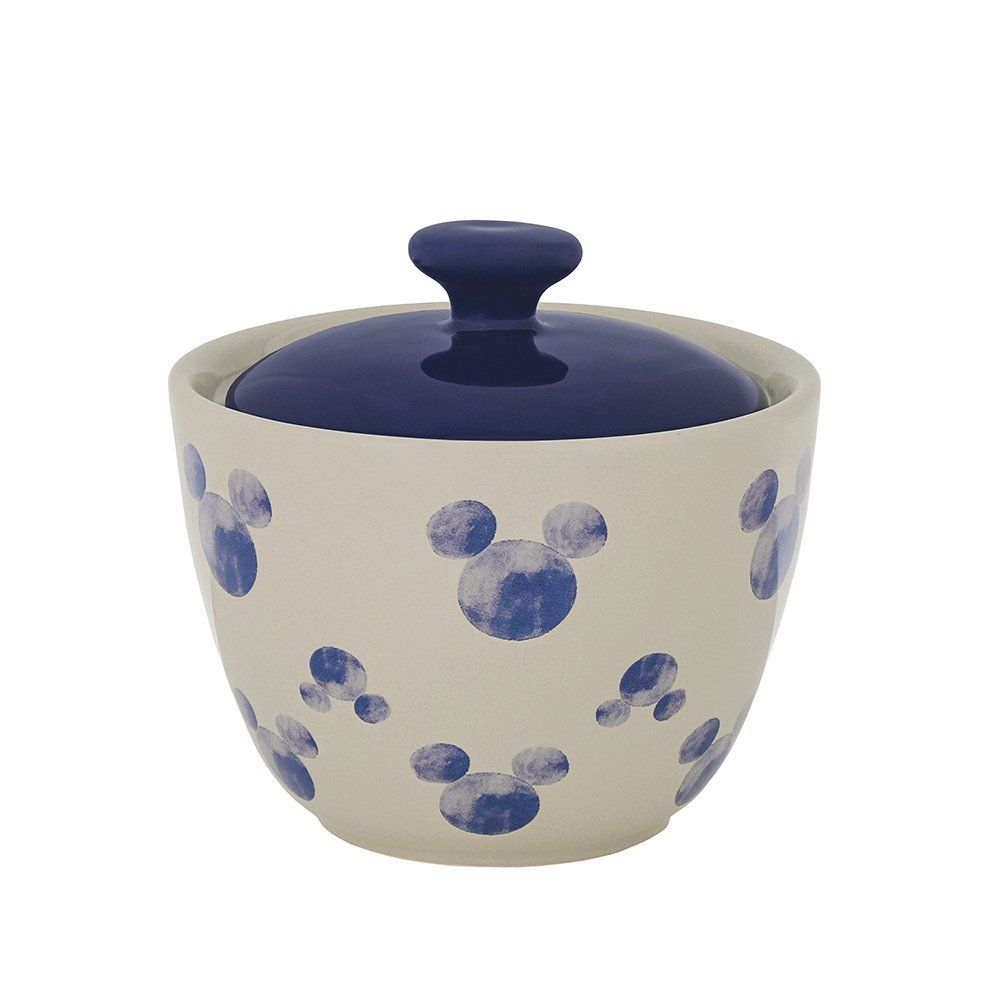 Witte suikerpot met blauwe Mickey Mouse-silhouetten, een blauw deksel en een knop.