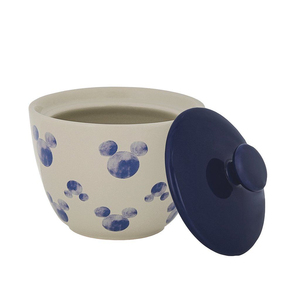 Witte suikerpot met blauwe Mickey Mouse-silhouetten, een blauw deksel en een knop.