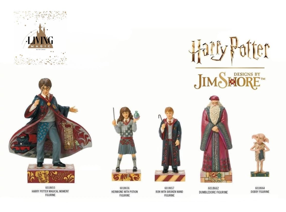 Harry Potter-beeldjes: Harry, Hermione, Ron, Dumbledore en Dobby op decoratieve sokkels, van Jim Shore.