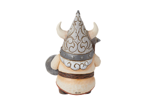 Vikingkabouterfiguurtje met hamer en schild, helm, bruine bontlaarzen en beige tuniek.