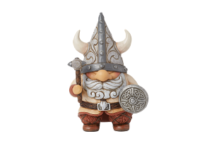 Vikingkabouterfiguurtje met hamer en schild, helm, bruine bontlaarzen en beige tuniek.
