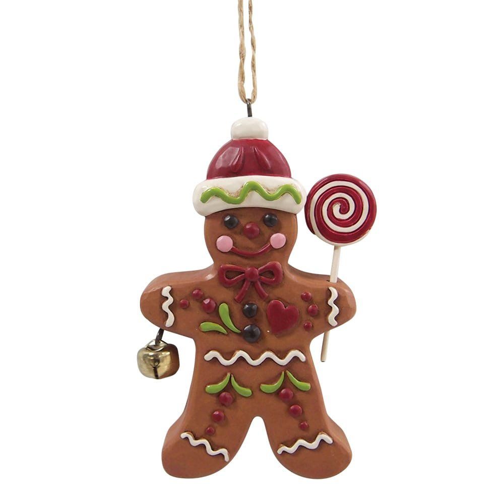Kerstornament in de vorm van een peperkoekmannetje met lolly en belletje.