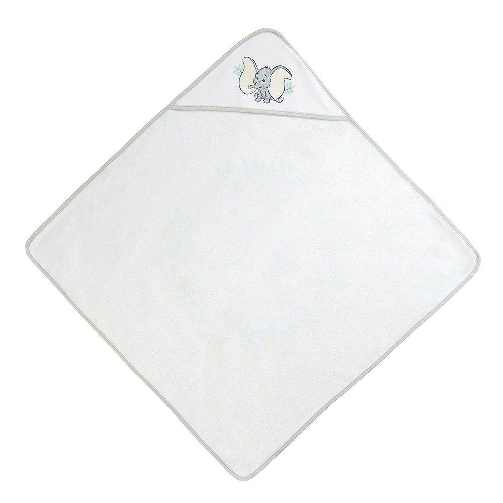 Witte babyhanddoek met capuchon en olifantenborduurwerk.