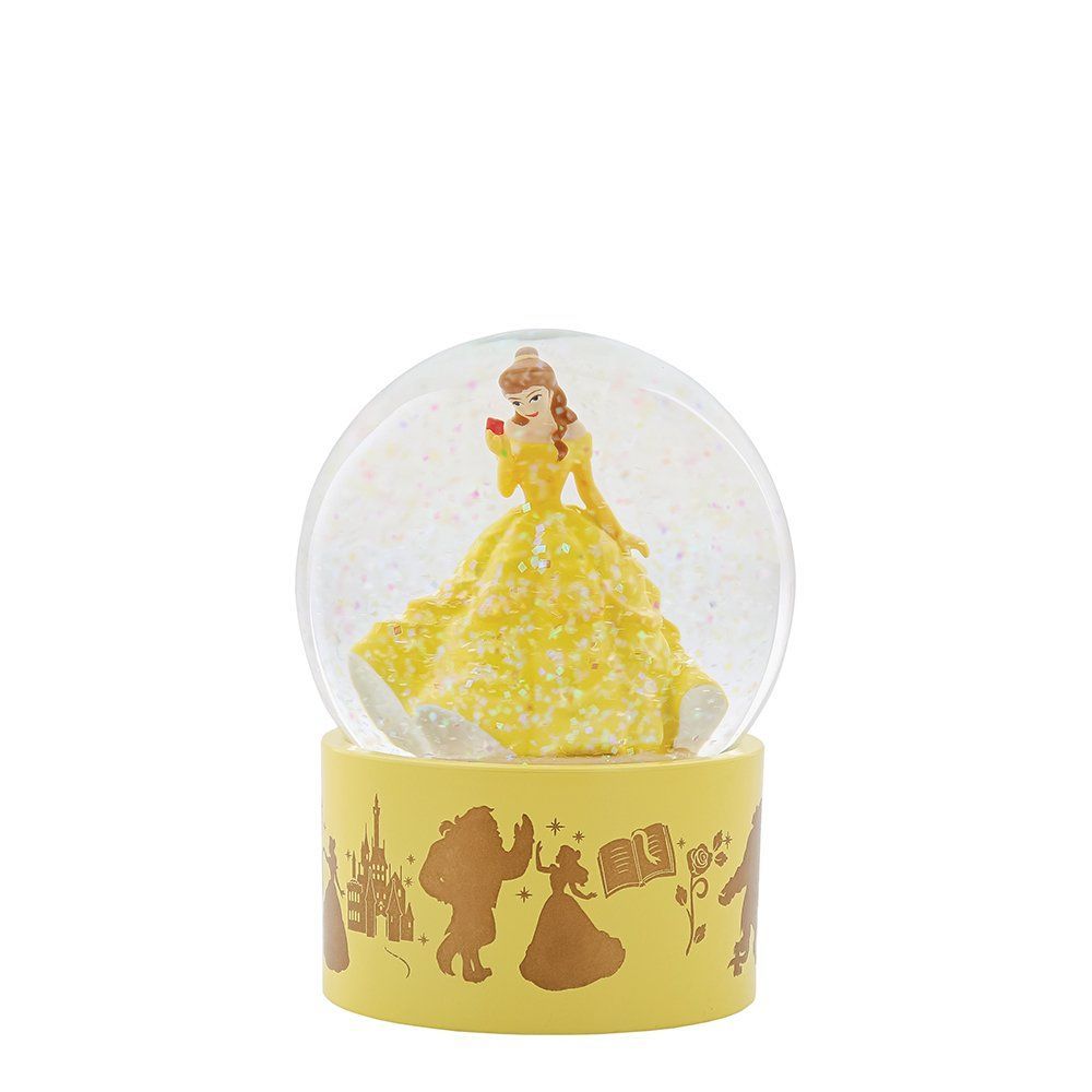 Sneeuwbol met Belle in een gele jurk, met een roos in haar hand. De voet is versierd met gele silhouetafbeeldingen.