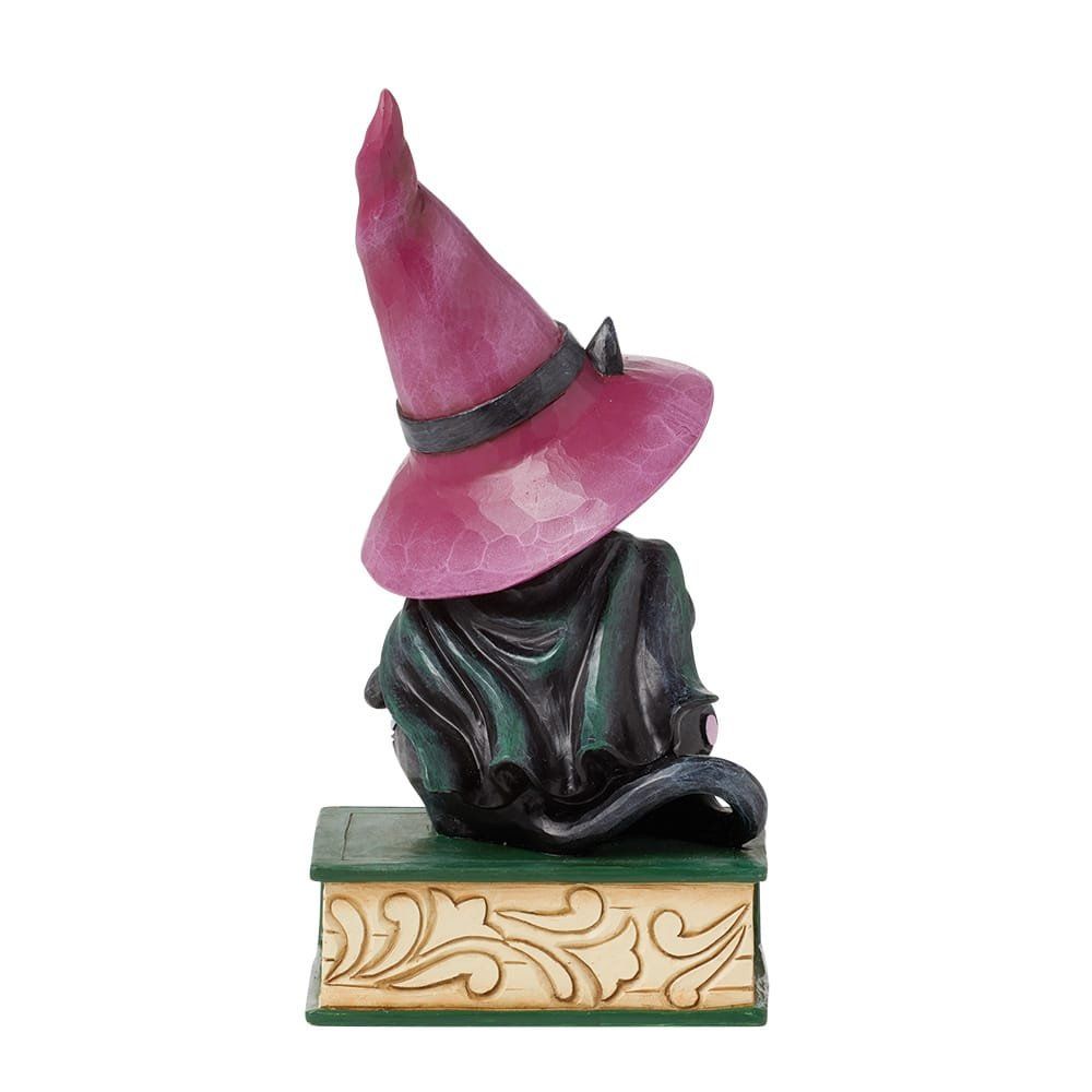 Heksenbeeldje met een paarse hoed en een groene mantel, bovenop een decoratieve doos.