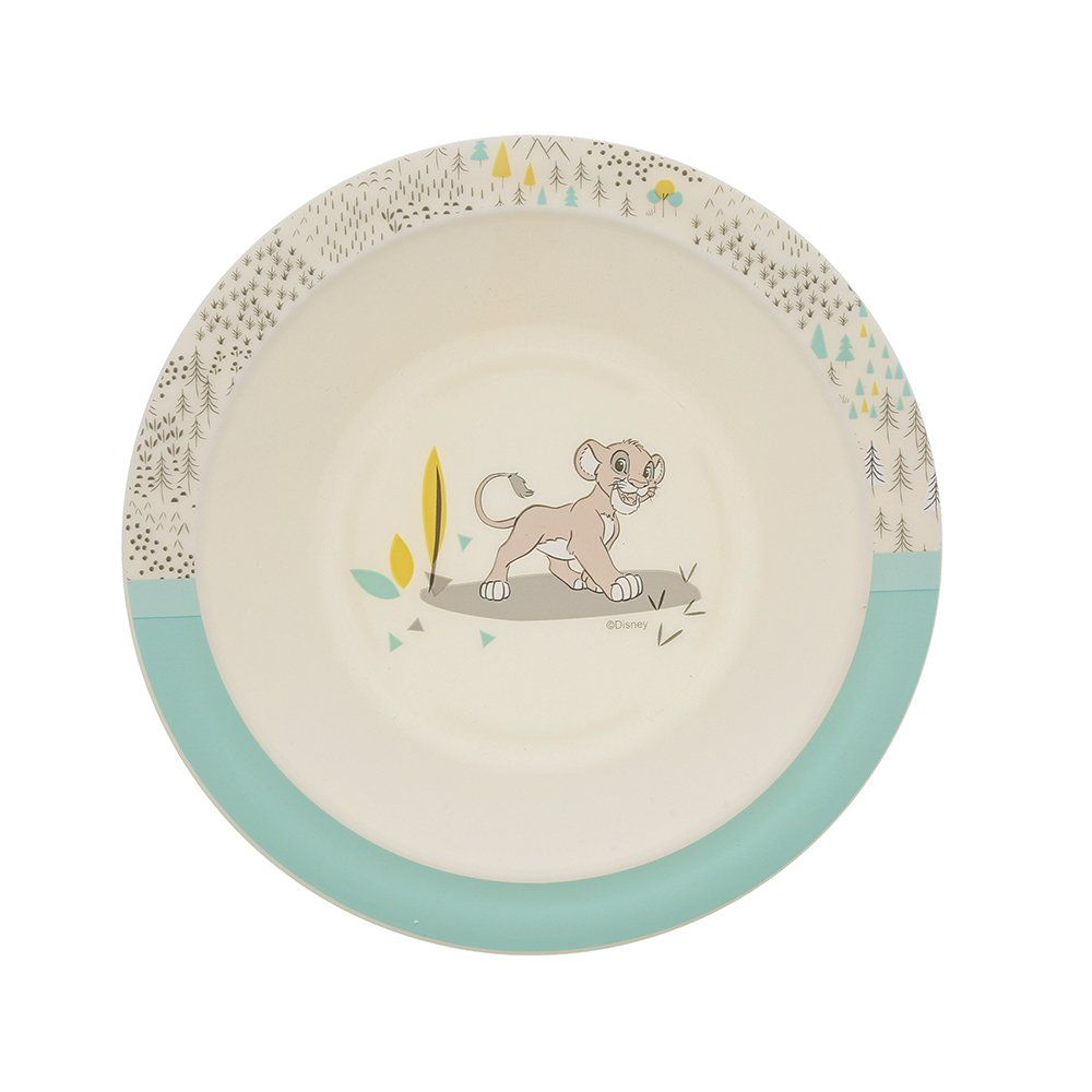 Kinderservies met Bambi-thema: bord, kom, beker, vork en lepel met bosillustraties, lichtblauwe rand en gouden badge.