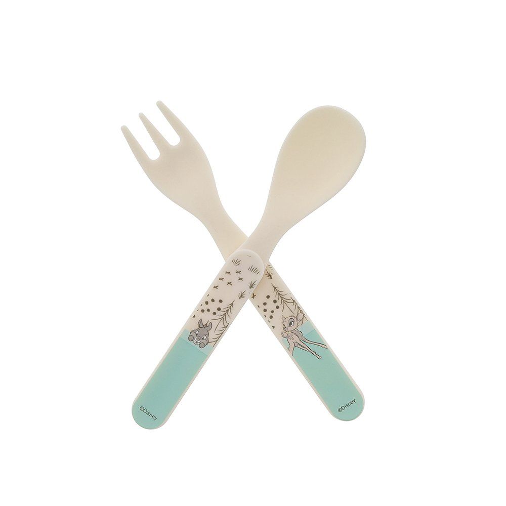 Vork en lepel, crèmekleurig met turquoise handvatten, gekruist. Bloemenmotief op de handvatten.