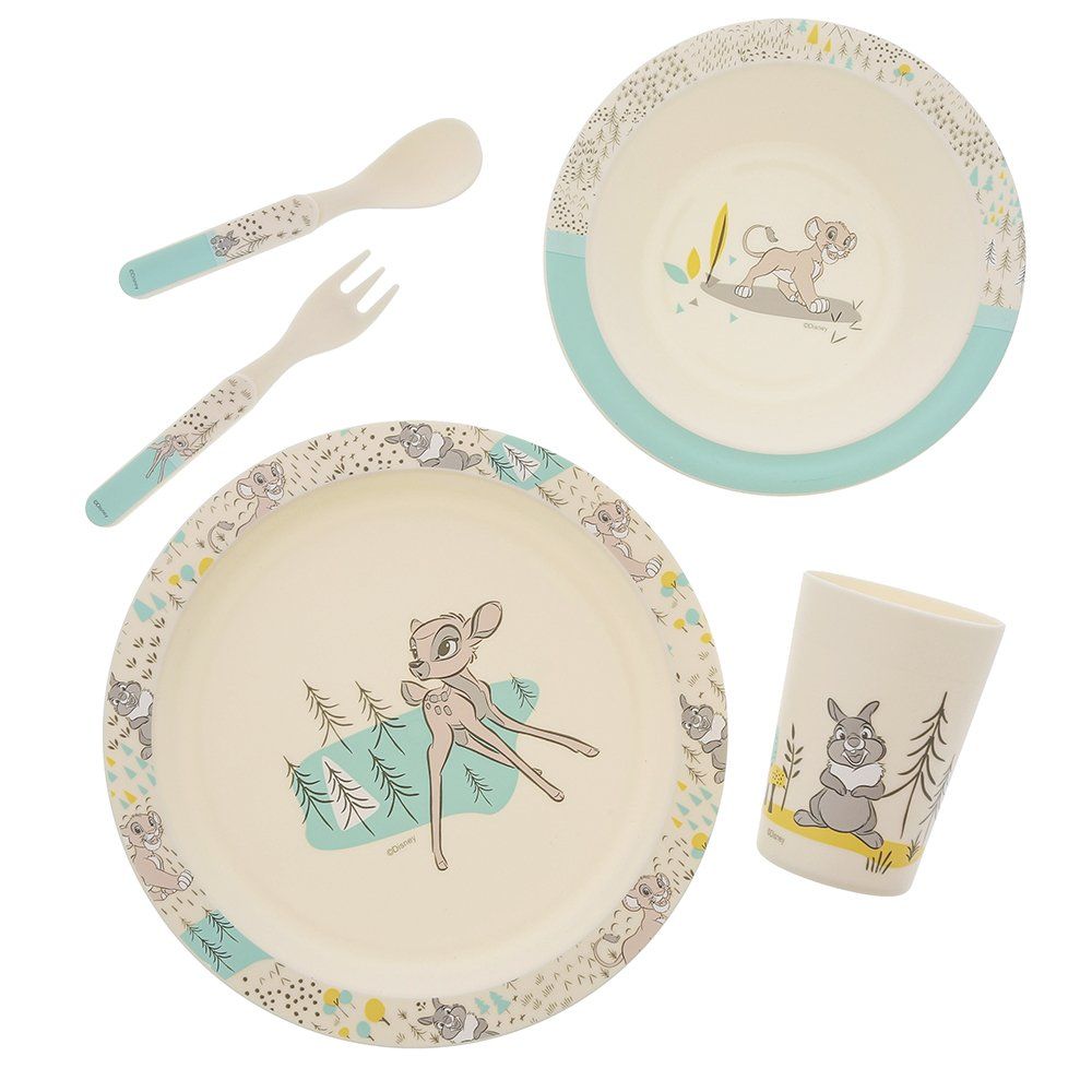 Kinderservies met Bambi-thema: bord, kom, beker, vork en lepel. Lichtblauwe en beige kleuren.
