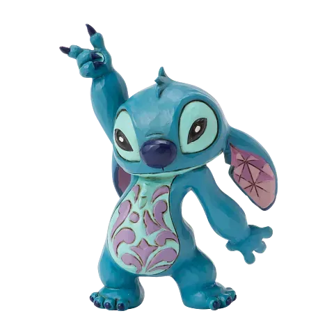 Stitch-figuurtje in rockpose, blauw, versierde romp, hoorns omhoog.