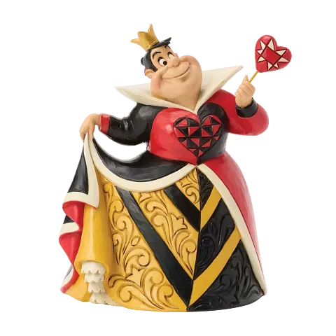 Beeldje van de Hartenkoningin, met een hartvormige lolly in haar hand, gekleed in een rood, zwart en geel jurkje en een gouden kroon.