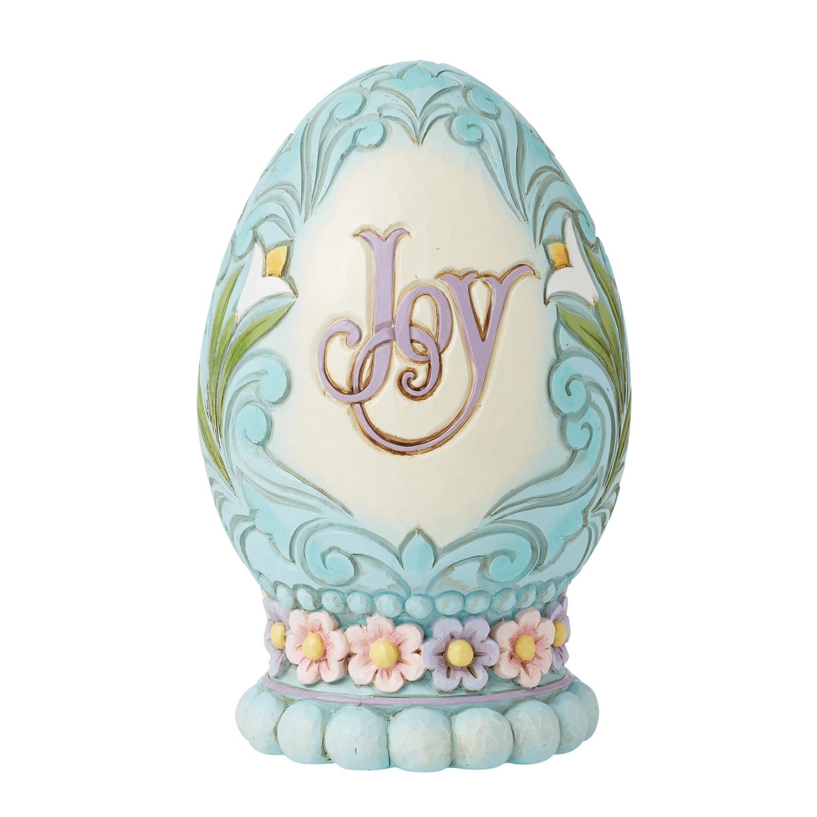 Blauw-wit eivormig ornament met het woord 