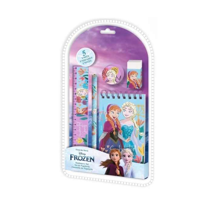 De Frozen-schrijfwarenset bevat een notitieblok, liniaal, potlood, gum en speld.