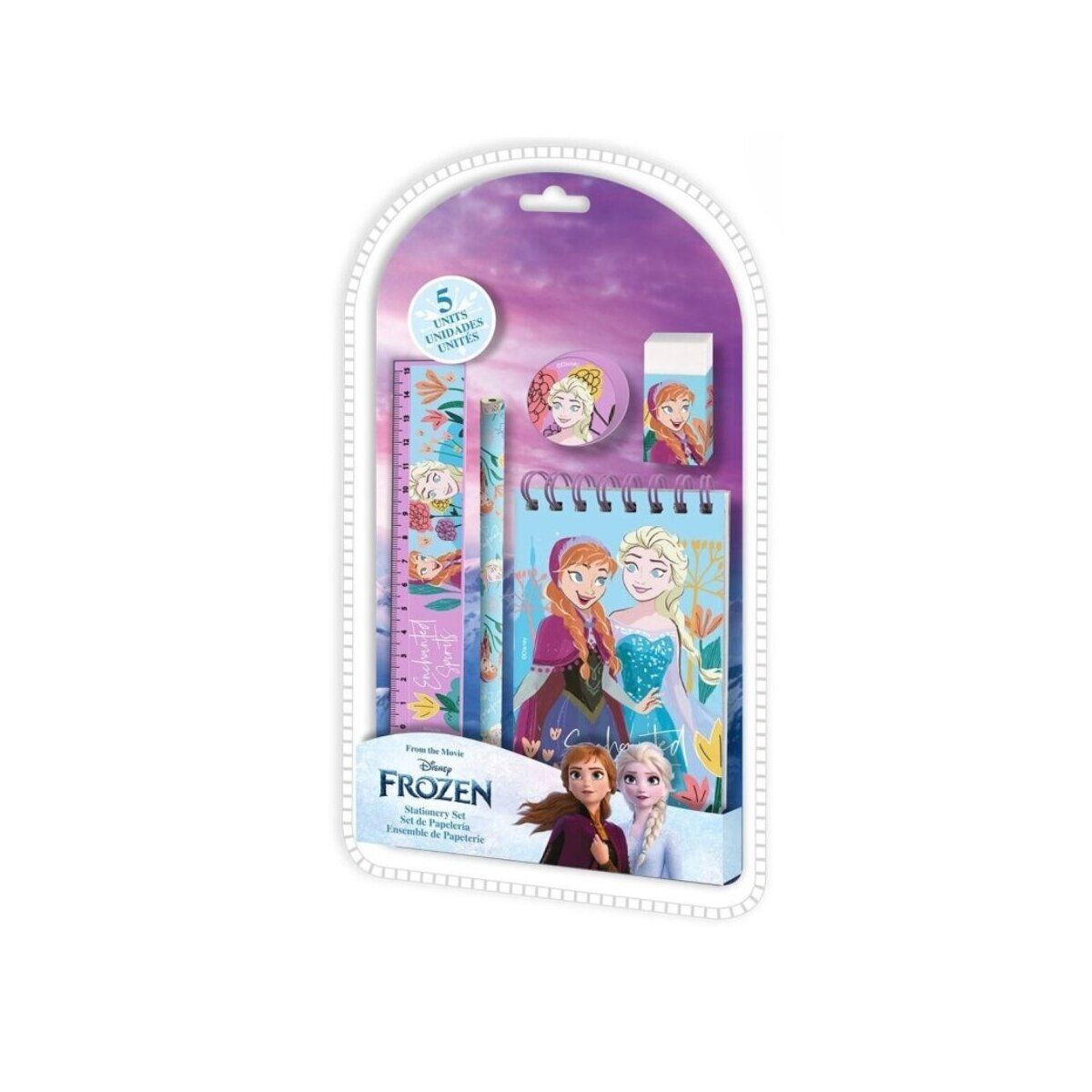 Frozen-thema schrijfset in verpakking: notitieblok, liniaal, potlood, gum en stickers.