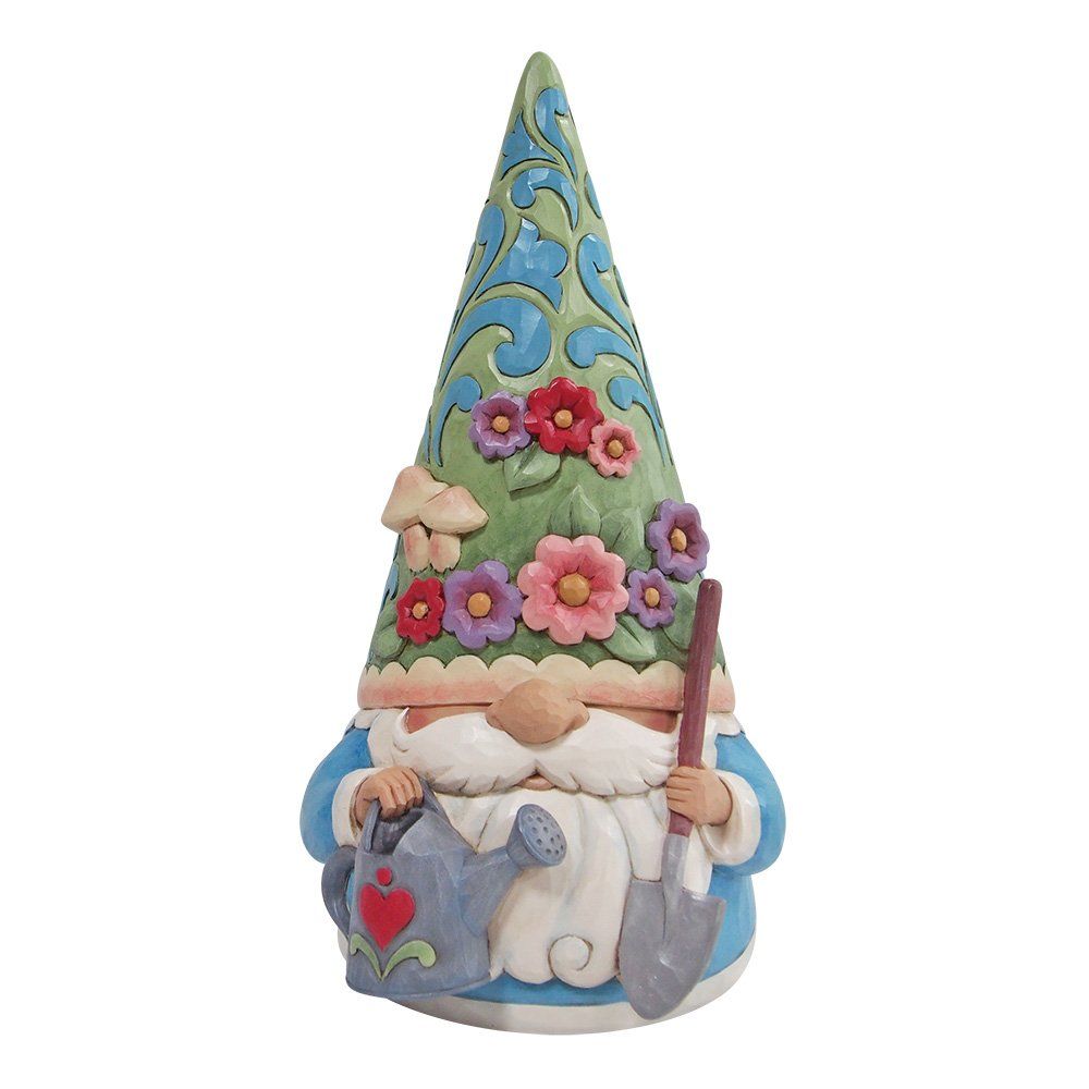 Tuinkabouterfiguurtje met bloemversierde hoed, gieter en schepje.