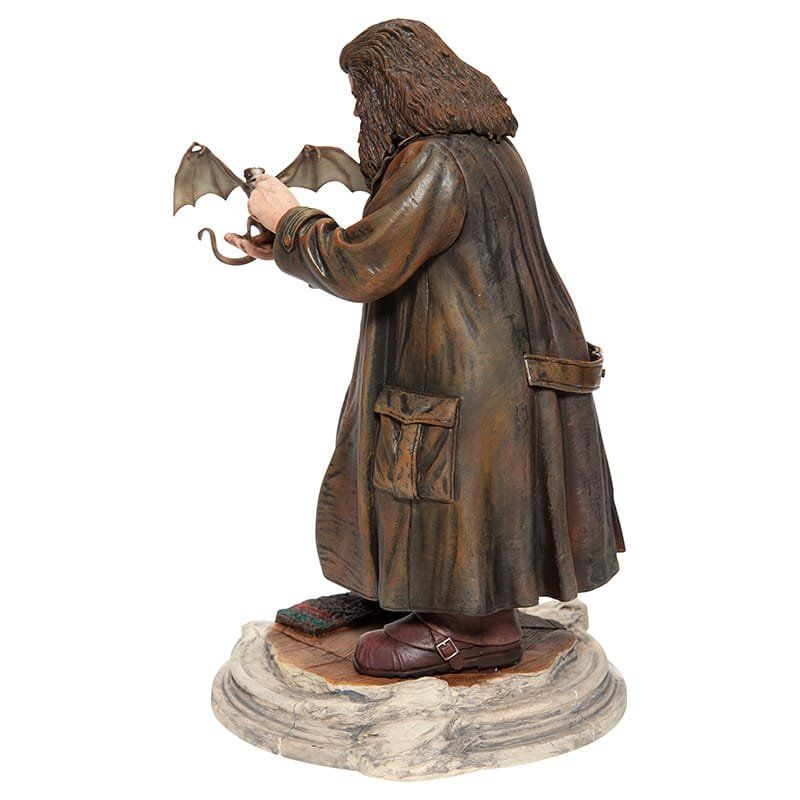 Rubeus Hagrid, een figuur met een kleine draak in zijn armen en gekleed in een bruine jas.