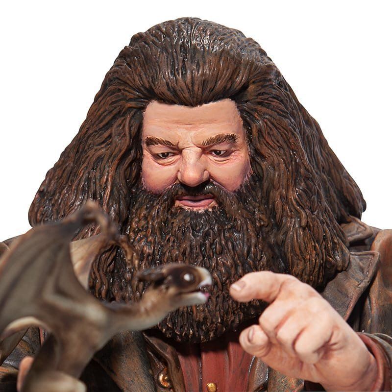 Rubeus Hagrid uit Harry Potter wijst met een bezorgde blik naar een kleine draak.