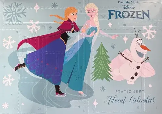 Een Frozen adventskalender met Anna, Elsa en Olaf die schaatsen op een besneeuwde achtergrond.