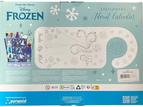 Achterkant van een Frozen-adventskalender met briefpapier, met Elsa en sneeuwvlokken, lichtblauwe achtergrond.
