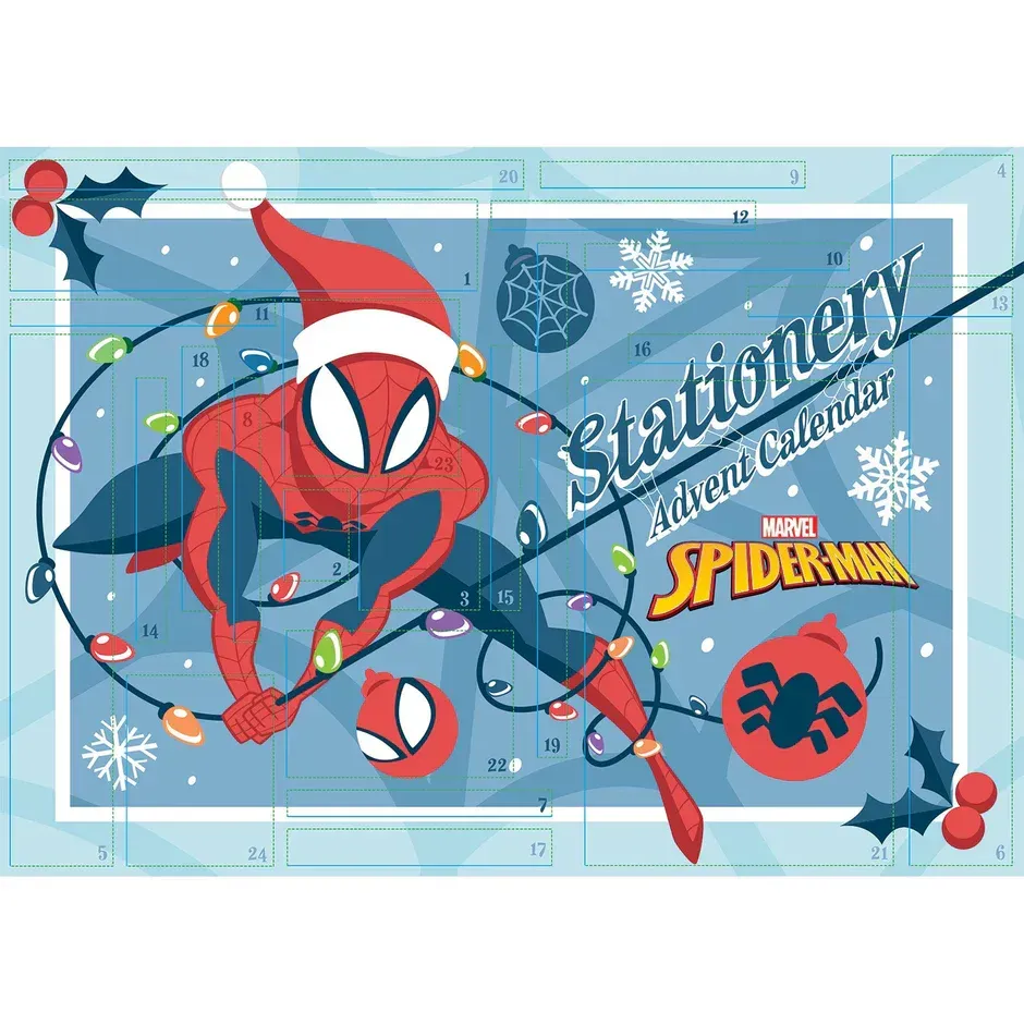 Spider-Man met een kerstmuts op een adventskalender, omwikkeld met kerstlichtjes.