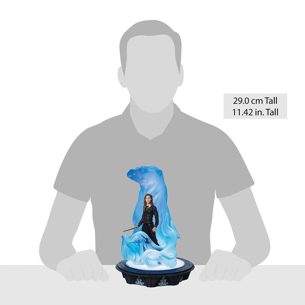 Een beeld van een vrouw met een staf, omgeven door blauw water, op een rond platform. Het beeld is ongeveer 29 centimeter hoog.