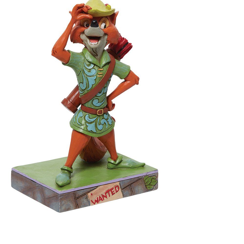 Standbeeld van Robin Hood, een vos in een groene tuniek, met een hoed in zijn hand en een opsporingsbord.