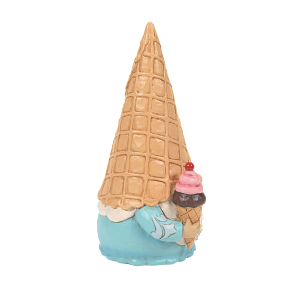 Kabouterbeeldje met een wafelhoedje en een ijshoorntje in zijn hand. Blauw lijfje, roze en bruin ijs.