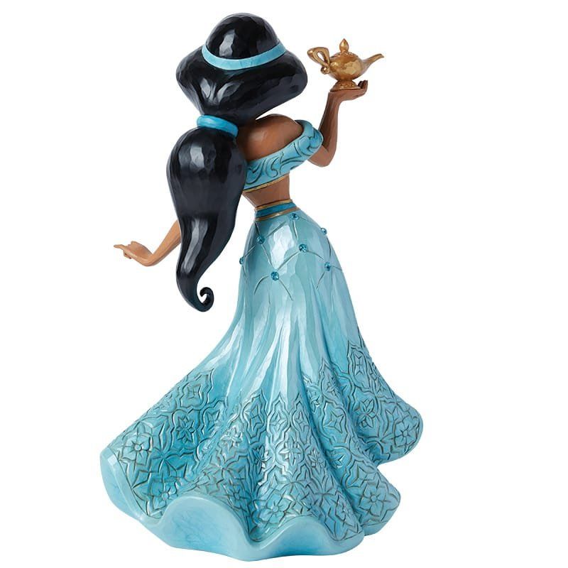 Disney prinses Jasmine beeldje in een turquoise jurk met een gouden lamp in haar hand.