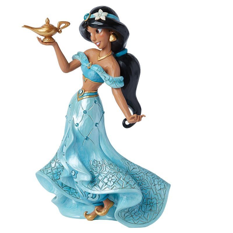 Jasmine uit Aladdin, met een gouden lamp in haar hand en een blauwe jurk met gouden accenten.