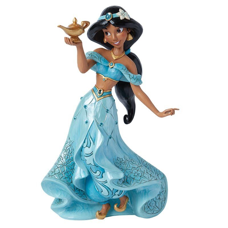 Disney prinses Jasmine beeldje in een turquoise jurk met een gouden lamp in haar hand.