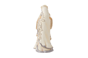 Kerststal met Maria, Jozef en het kindje Jezus, in crème- en grijstinten.