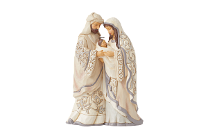 Kerststal met Maria, Jozef en het kindje Jezus, in crème- en grijstinten.