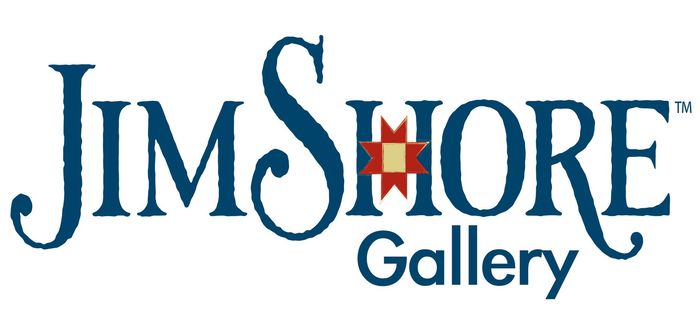 Het logo van Jim Shore Gallery in donkerblauw schrift met een rood-gouden ster, en daaronder 