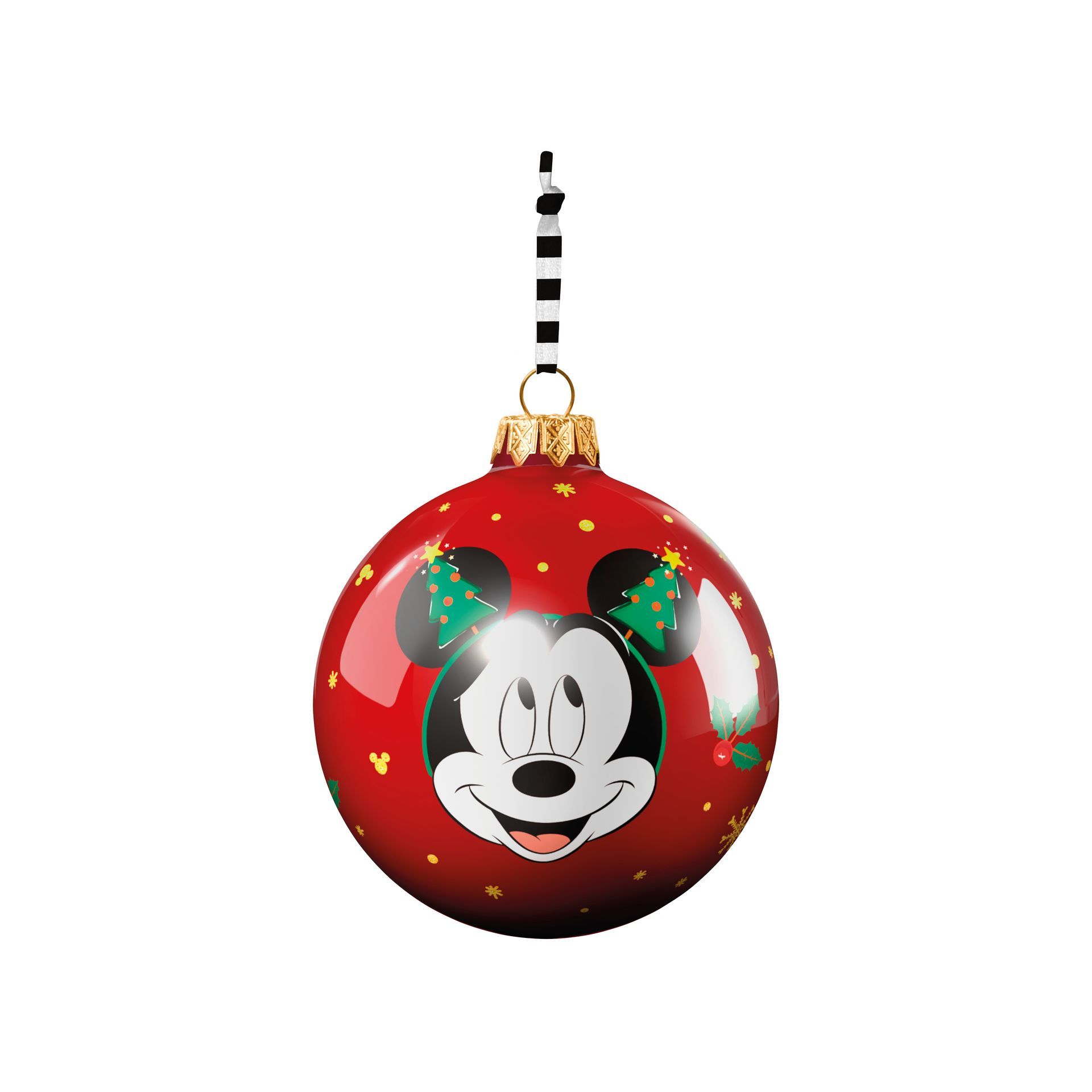 Rode Mickey Mouse kerstversiering met groene strikjes en gouden details, hangend aan een zwart-wit gestreept lint.